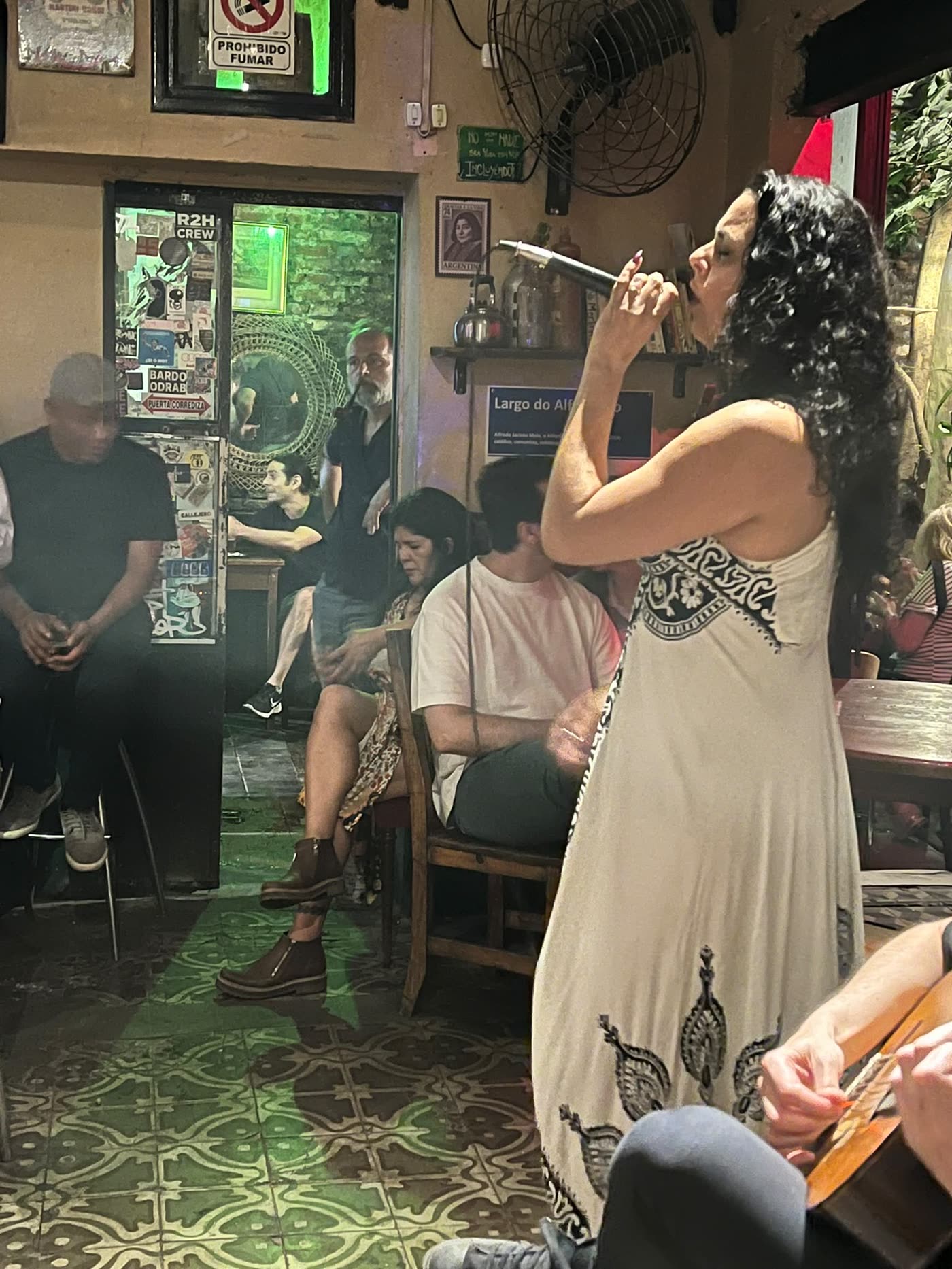 A singer with a microphone in a small bar, a guitarist playing beside her